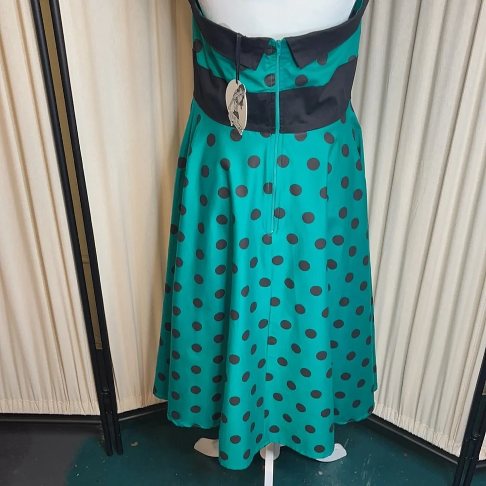 πHPπNWT- HELL BUNNY VIXEN GREEN & BLACK HALTER PINUP DRESS SIZE LARGE - Picture 7 of 15